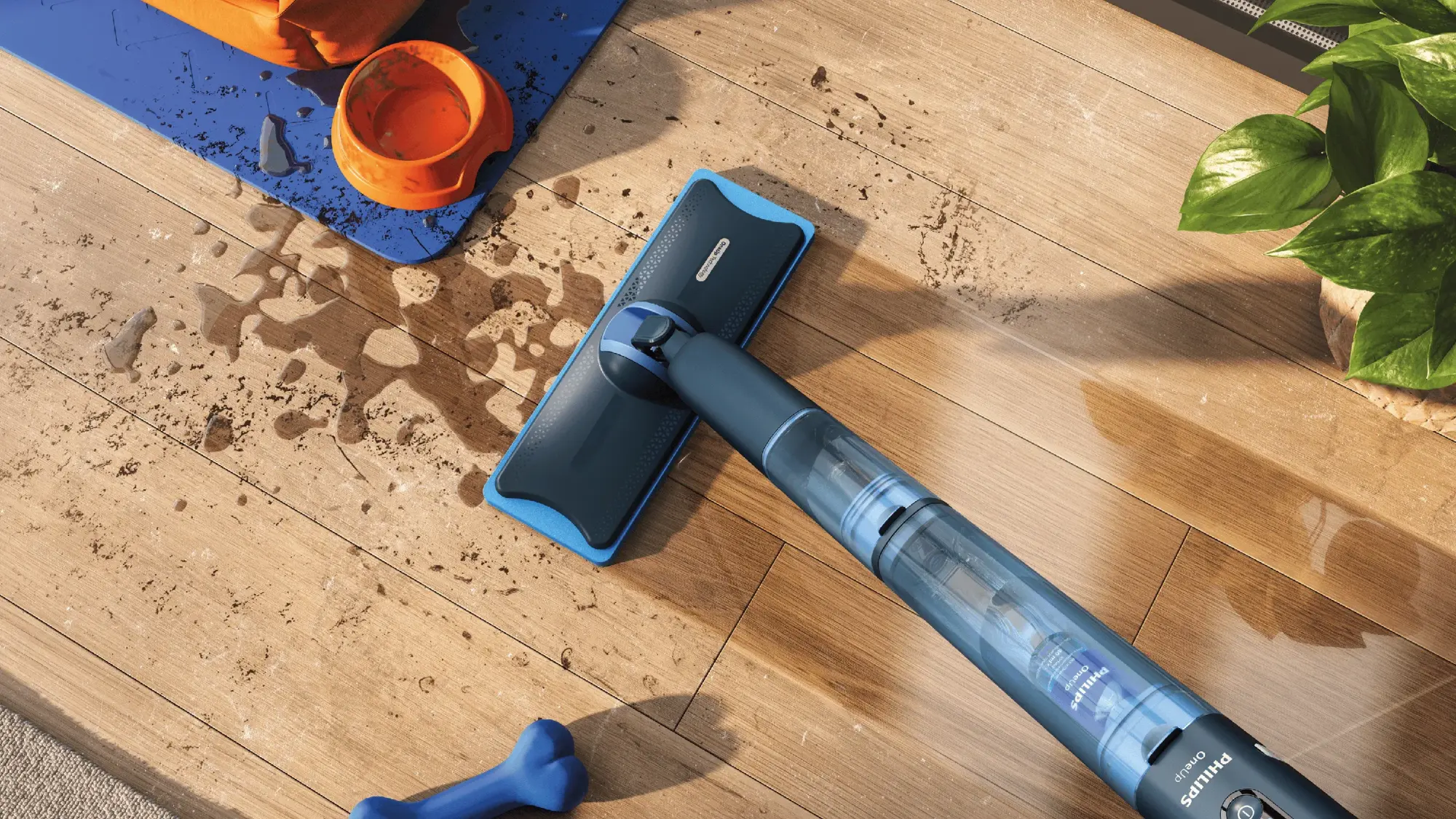 Philips bezvada spieķa tipa putekļsūcējs demonstrē grīdas tīrīšanu ar jaudīgu sūkšanas jaudu un izgaismotu tīrīšanas ceļu. Šis Philips putekļu sūcējs tīra efektīvi un ātri.