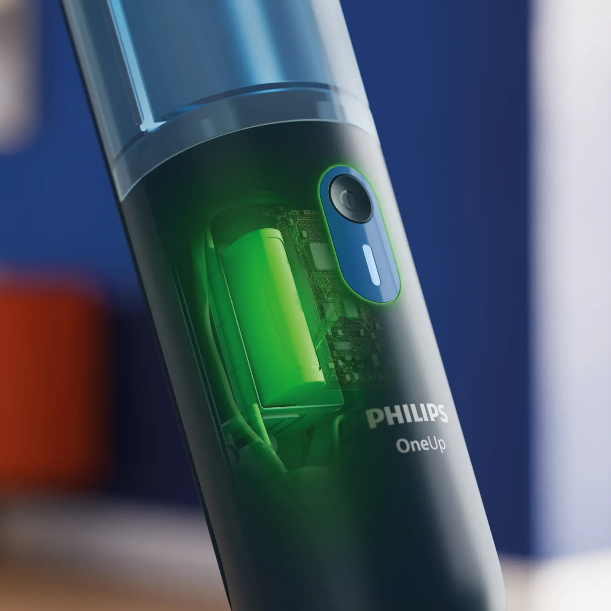 Philips Sticks sērija: bezvadu putekļsūcējs ar jaudīgu sūkšanas jaudu elegantā, zilganzaļā dizainā. Rokā redzams noņemams akumulators. Izbaudiet labāko no Philips Floor Care.